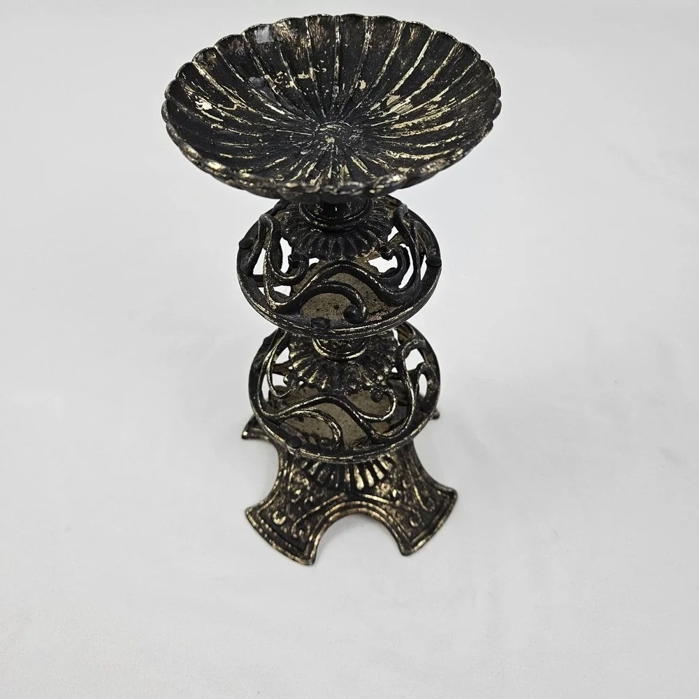 Brass Filigree Candle Holder Pierced Pillar Candlestick Moroccan Boho Old Patina